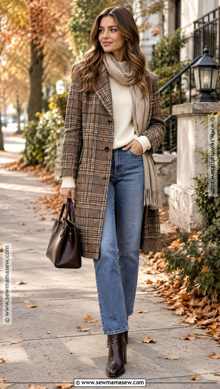 Fall Plaid Coat With Sweater And Jeans - 20 Style Inspiration Fall Ideas