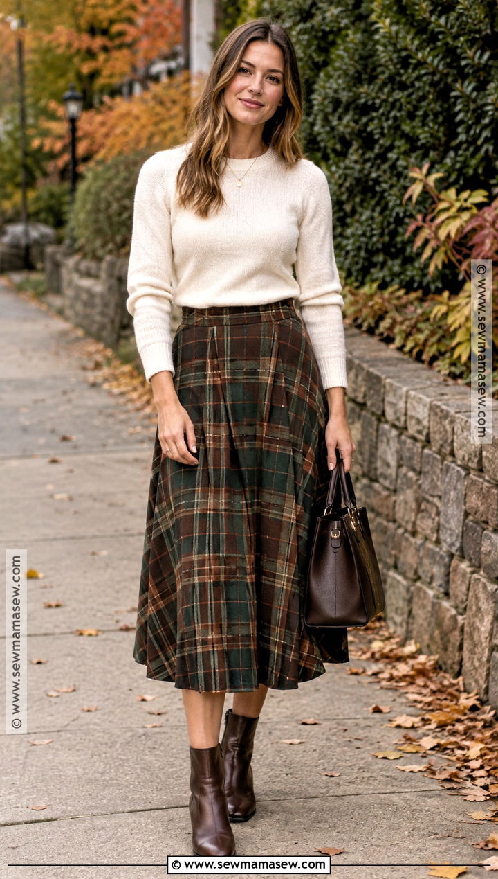 Fall Plaid Dress With Neutral Sweater - 15 Fall Dress And Sweater Outfit Ideas