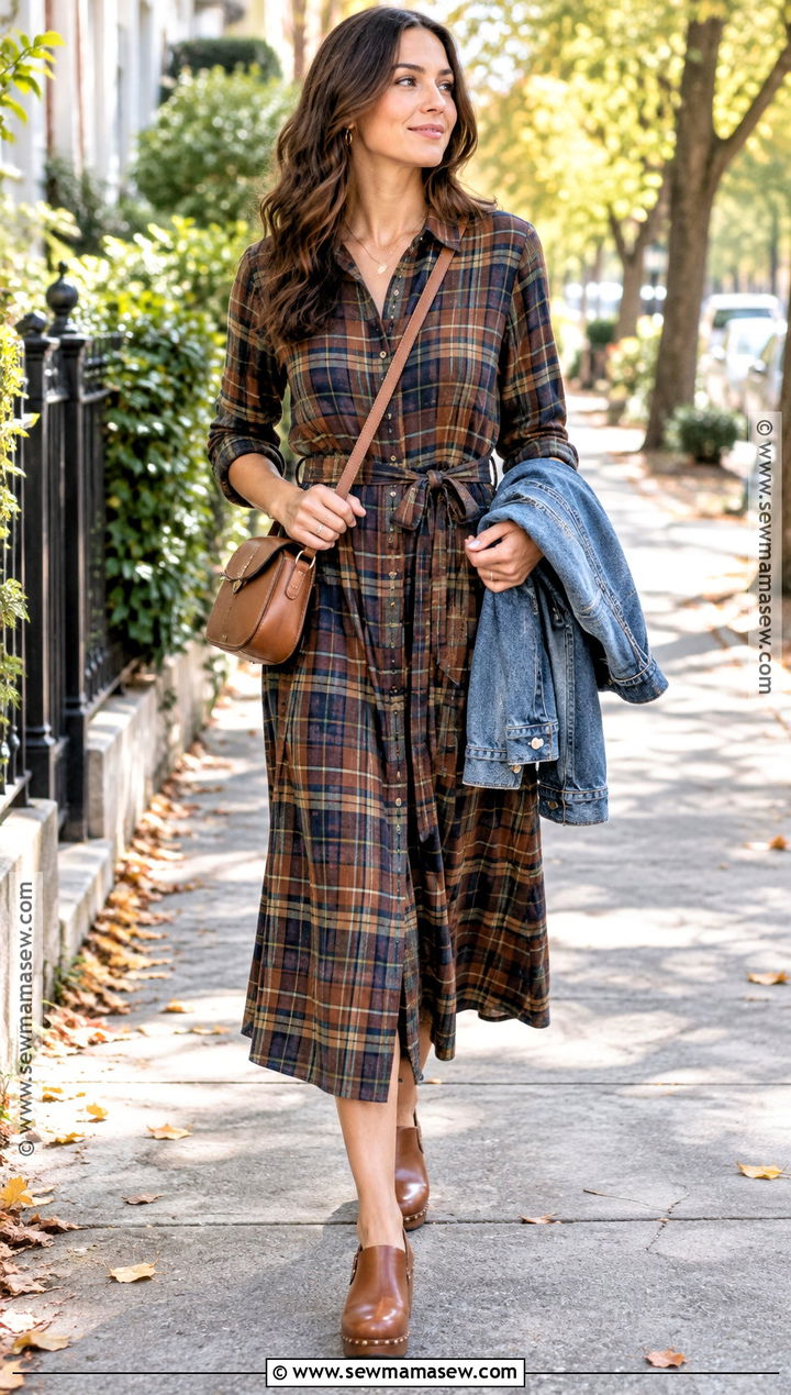 Fall Plaid Dress and Clog Outfit - 15 fall fits for warm weather