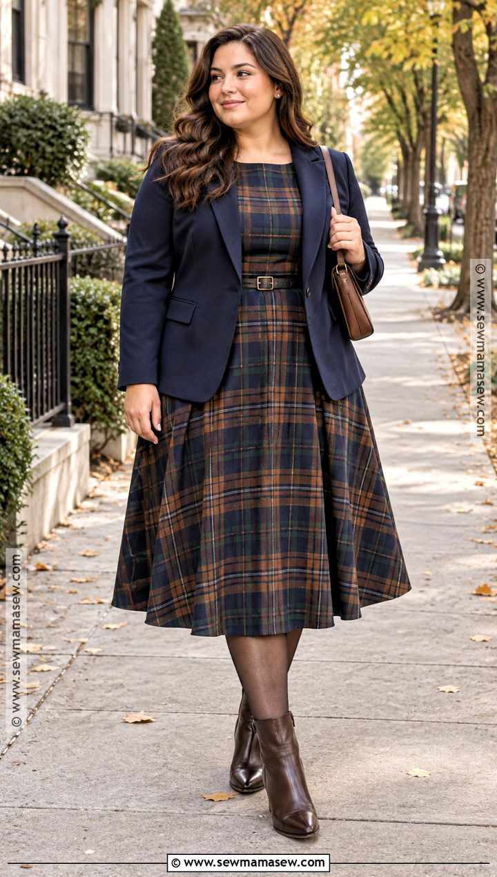 Fall Plaid Midi Dress With Ankle Boots - 20 dresses for fall