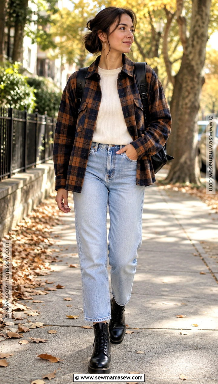 Fall Plaid Overshirt And Jeans Outfit - 25 Fall Fit Inspo Ideas