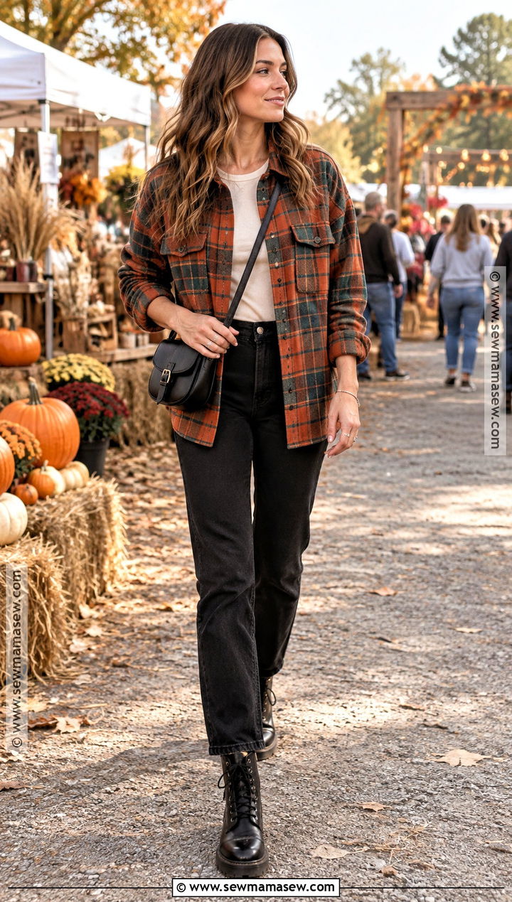 Fall Plaid Overshirt and Black Jeans Outfit - 20 Fall Outdoor Outfits for Women