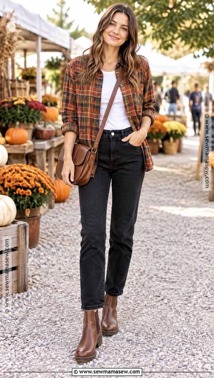 Fall Plaid Shirt And Black Jeans Outfit - 20 Cute Outfit Inspo Fall Ideas