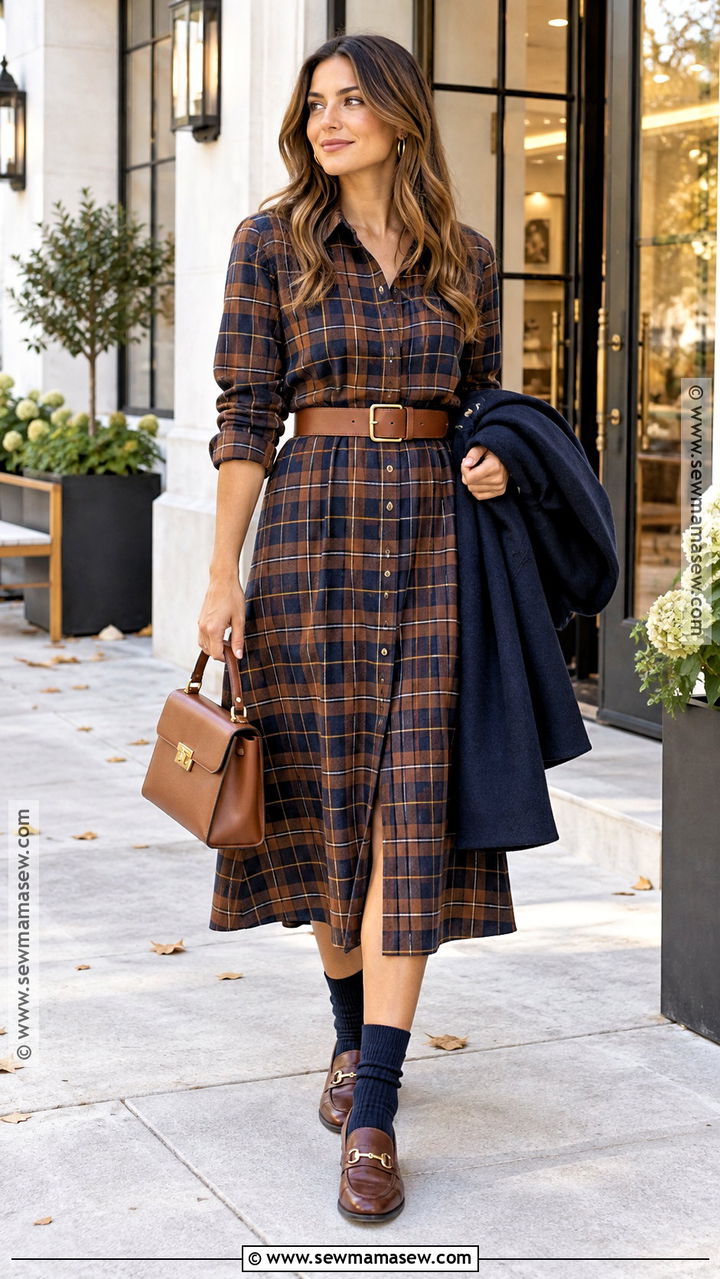 Fall Plaid Shirt Dress With Belt And Loafers - 20 dress outfits fall
