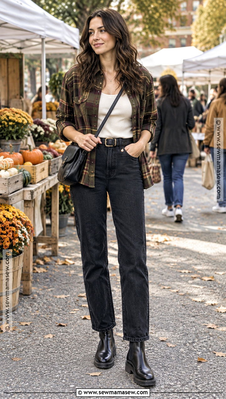 Fall Plaid Shirt With Black Jeans And Chelsea Boots - 15 Simple But Cute Fall Outfits