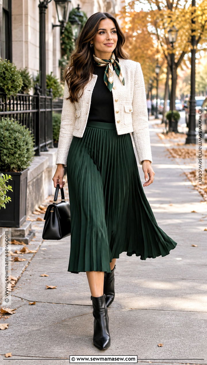 Fall Pleated Midi Skirt And Cropped Jacket Outfit - 15 Fall Feminine Style Ideas