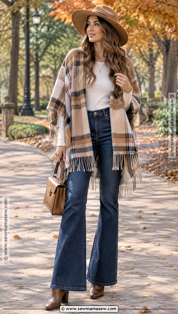 Fall Poncho And Flare Jeans Outfit - 30 fall outfits aesthetic
