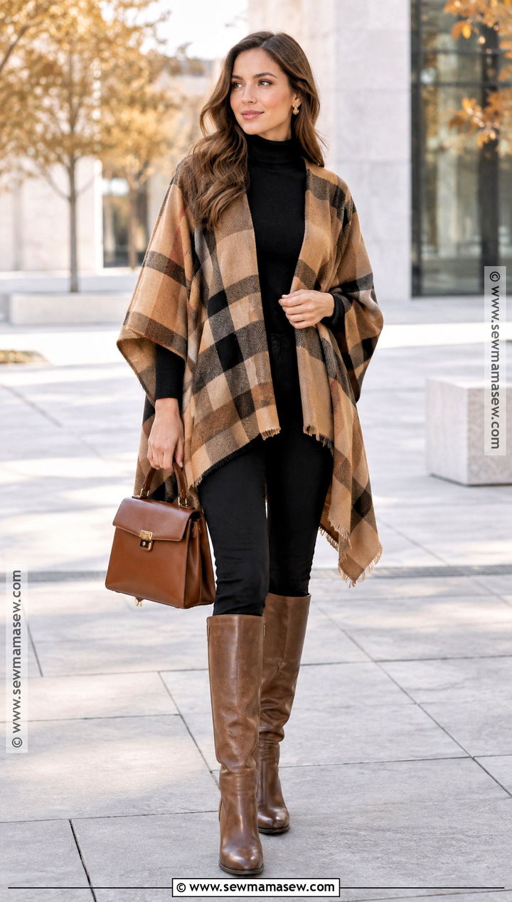 Fall Poncho Outfit With Turtleneck And Leggings - 15 layering clothes for fall