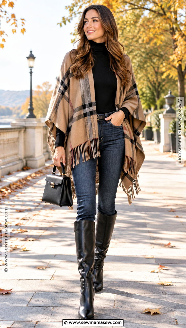 Fall Poncho Outfit With Turtleneck And Skinny Jeans - 25 Fall Layering Ideas