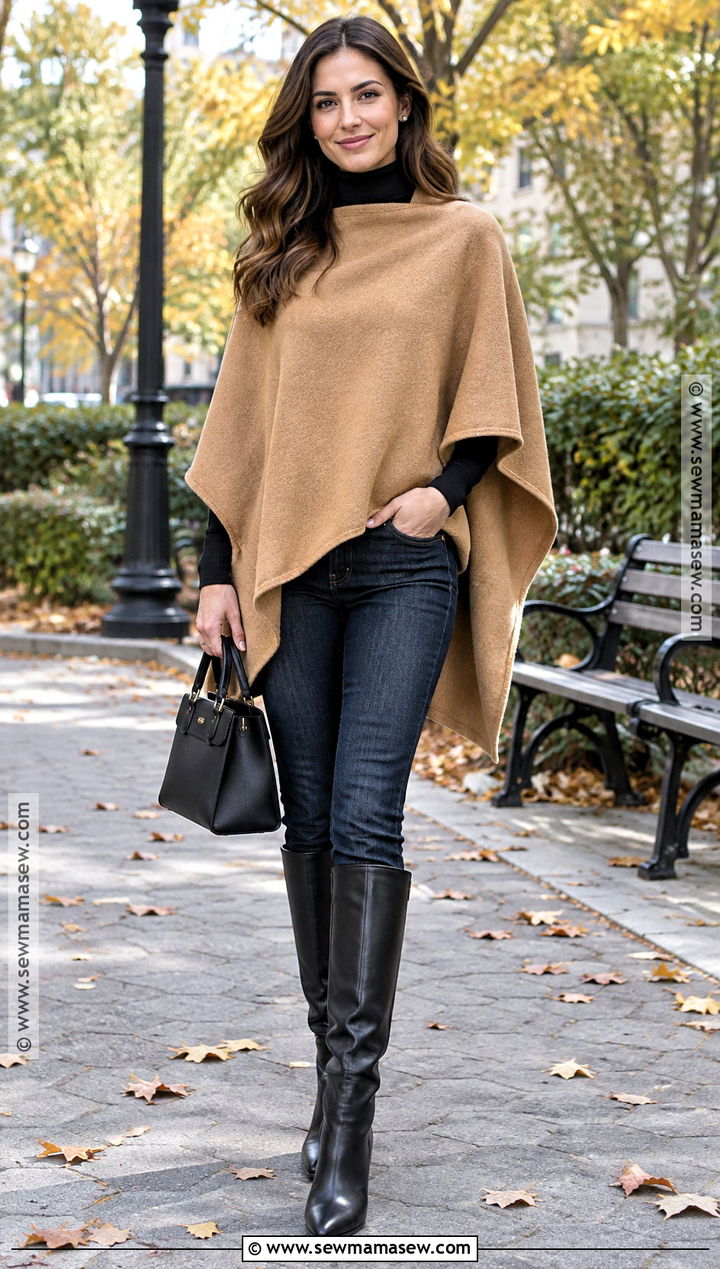 Fall Poncho With Slim Jeans And Tall Boots - 20 Style Inspiration Fall Ideas
