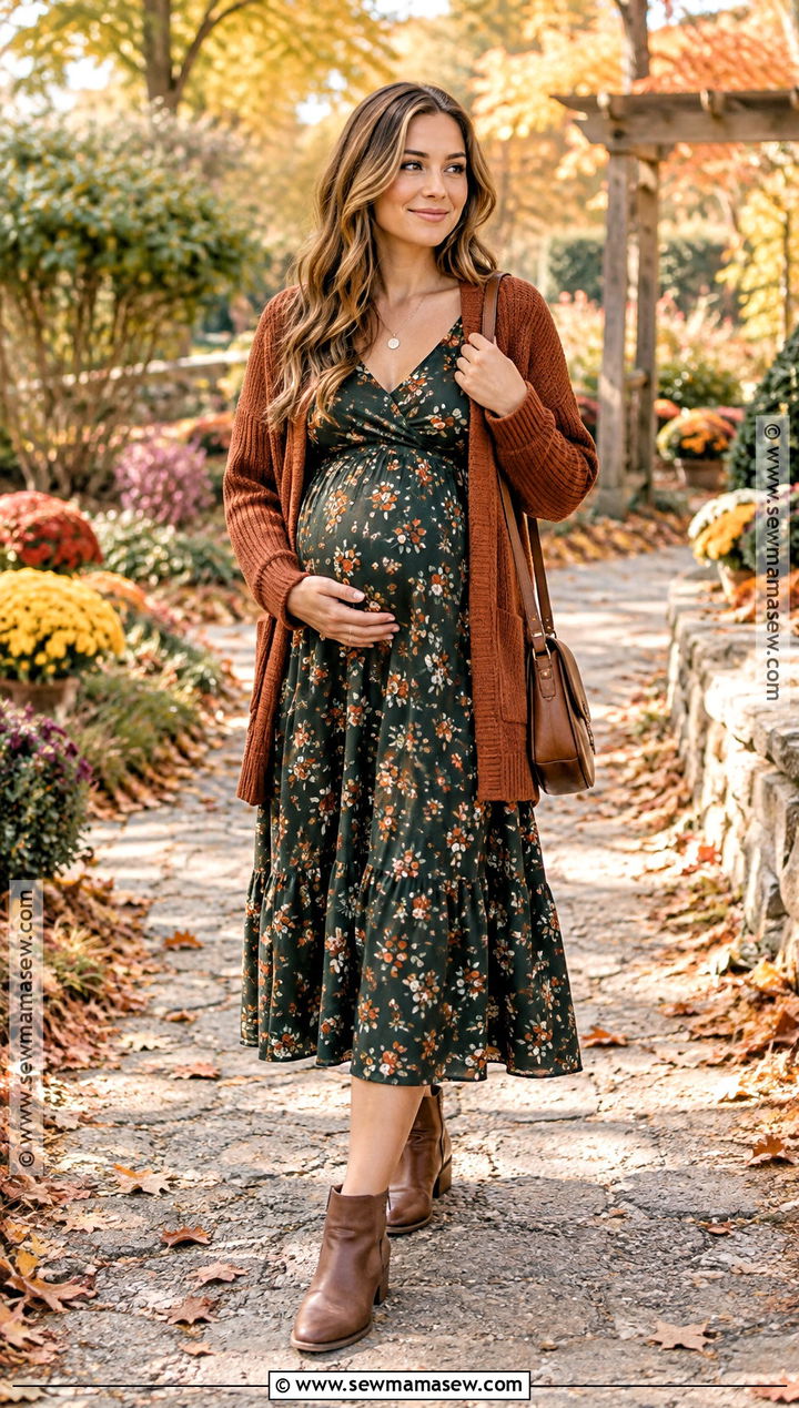 Fall Pregnancy Floral Midi Dress With Cardigan And Boots - 20 cute pregnancy outfits for fall