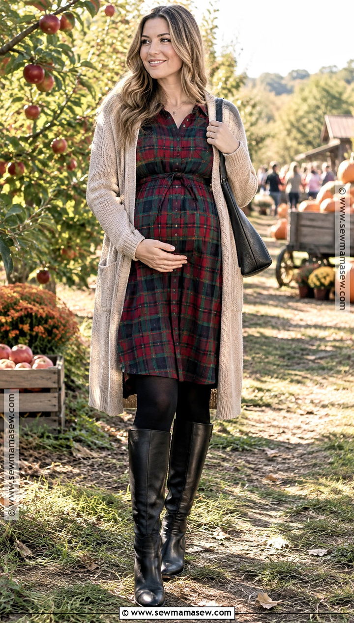 Fall Pregnancy Outfit With Flannel Dress And Boots - 25 fall pregnancy outfits