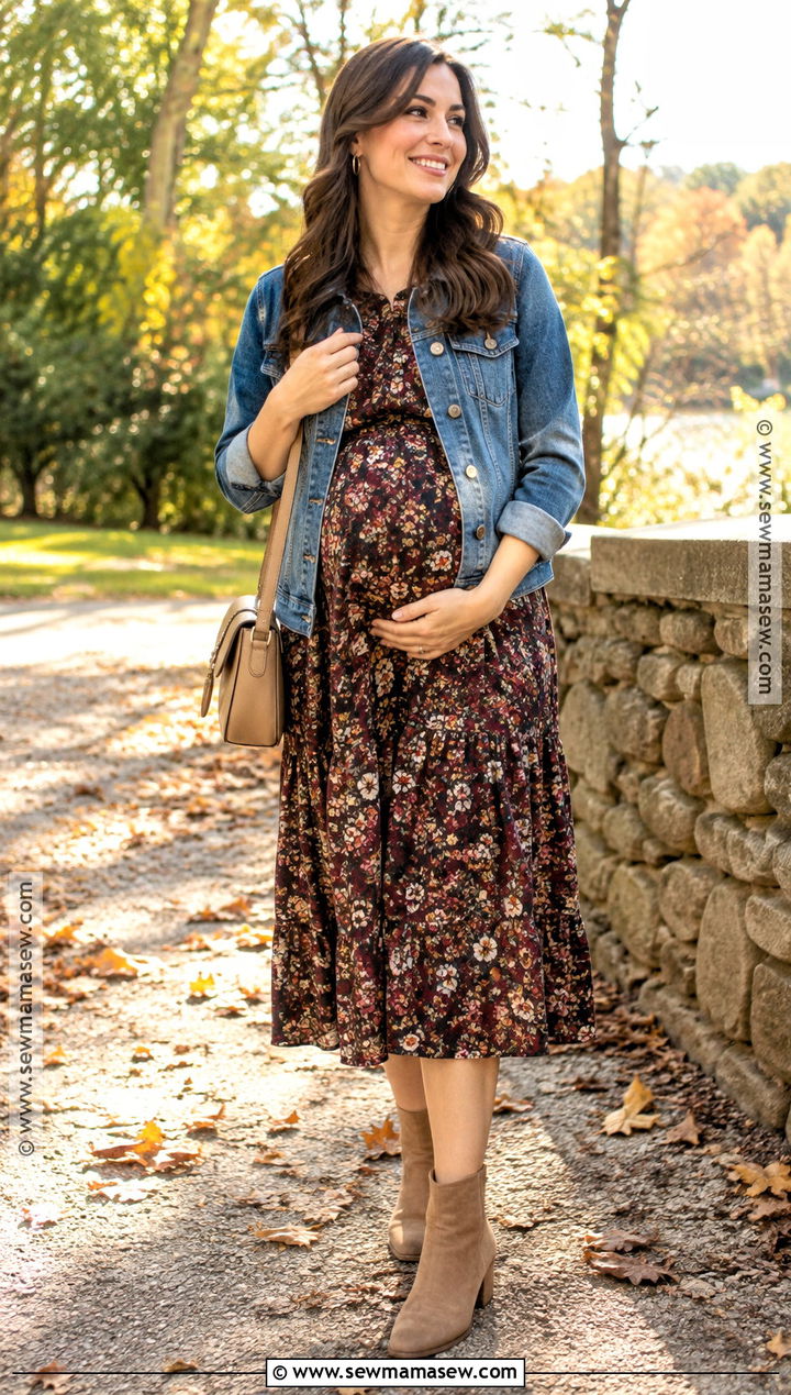 Fall Pregnancy Outfit With Floral Midi Dress And Denim Jacket - 25 fall pregnancy outfits