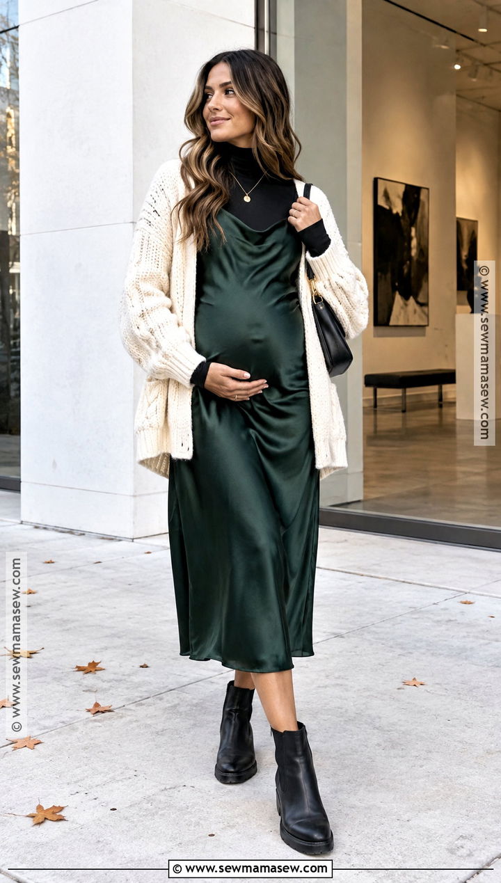 Fall Pregnancy Outfit With Slip Dress And Cardigan - 25 pregnancy fashion fall ideas