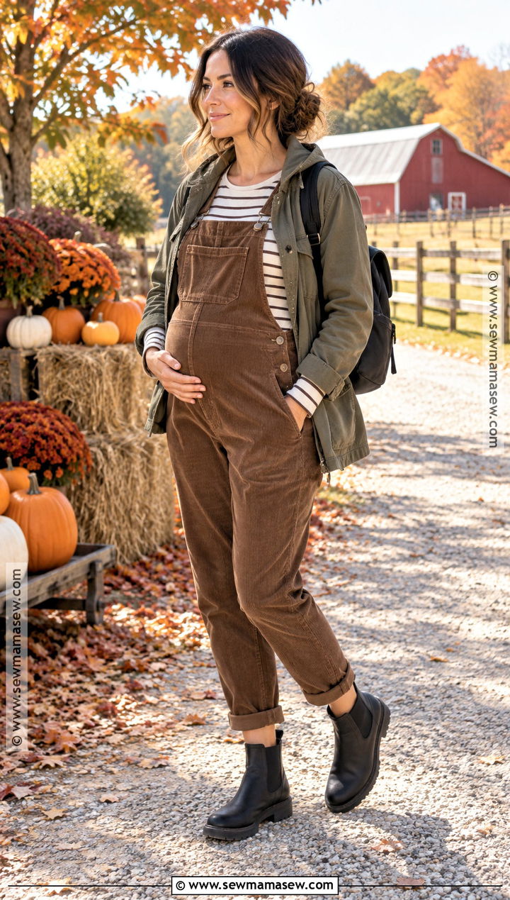 Fall Pregnancy Overalls And Long Sleeve Tee Outfit - 20 Cute Fall Pregnancy Outfits