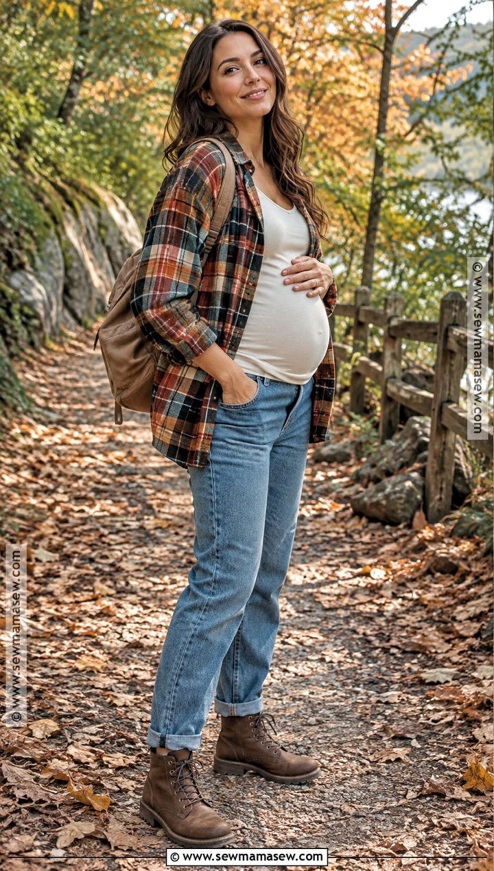 Fall Pregnancy Plaid Shirt And Maternity Jeans Outfit - 20 Cute Fall Pregnancy Outfits