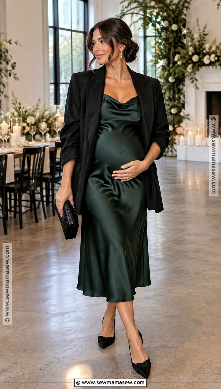 Fall Pregnancy Satin Midi Dress And Blazer Outfit - 20 Cute Fall Pregnancy Outfits