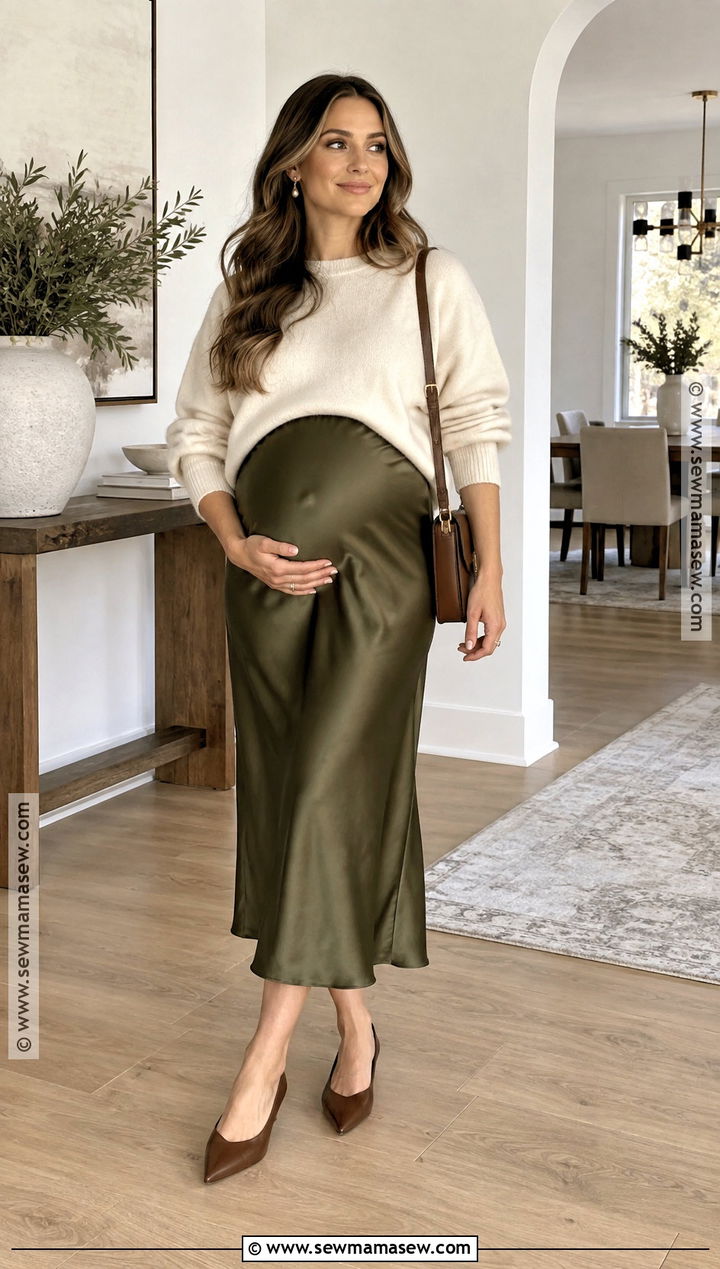 Fall Pregnancy Satin Skirt With Sweater And Flats - 20 cute pregnancy outfits for fall