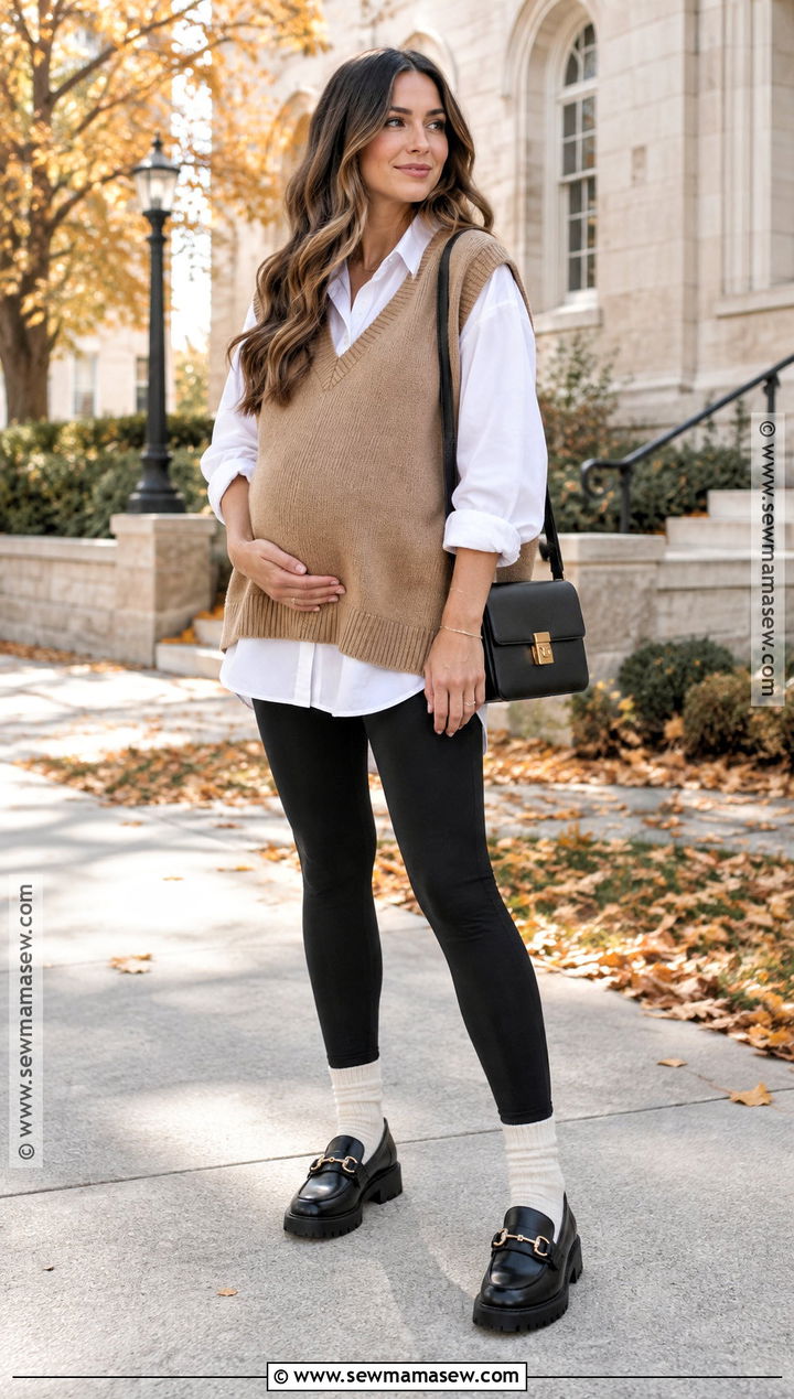 Fall Pregnancy Sweater Vest And Leggings Outfit - 20 Cute Fall Pregnancy Outfits