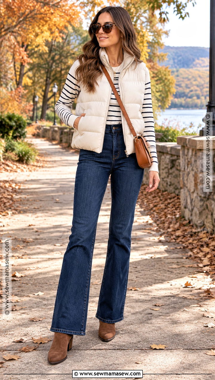 Fall Puffer Vest And Flare Jeans Outfit - 30 fall fashion ideas