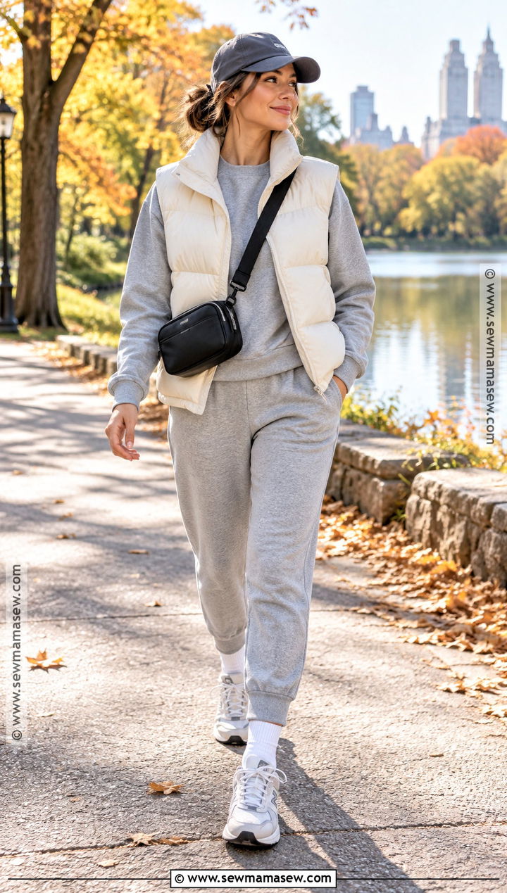 Fall Puffer Vest Outfit With Sweatshirt And Joggers - 25 Fall Layering Ideas
