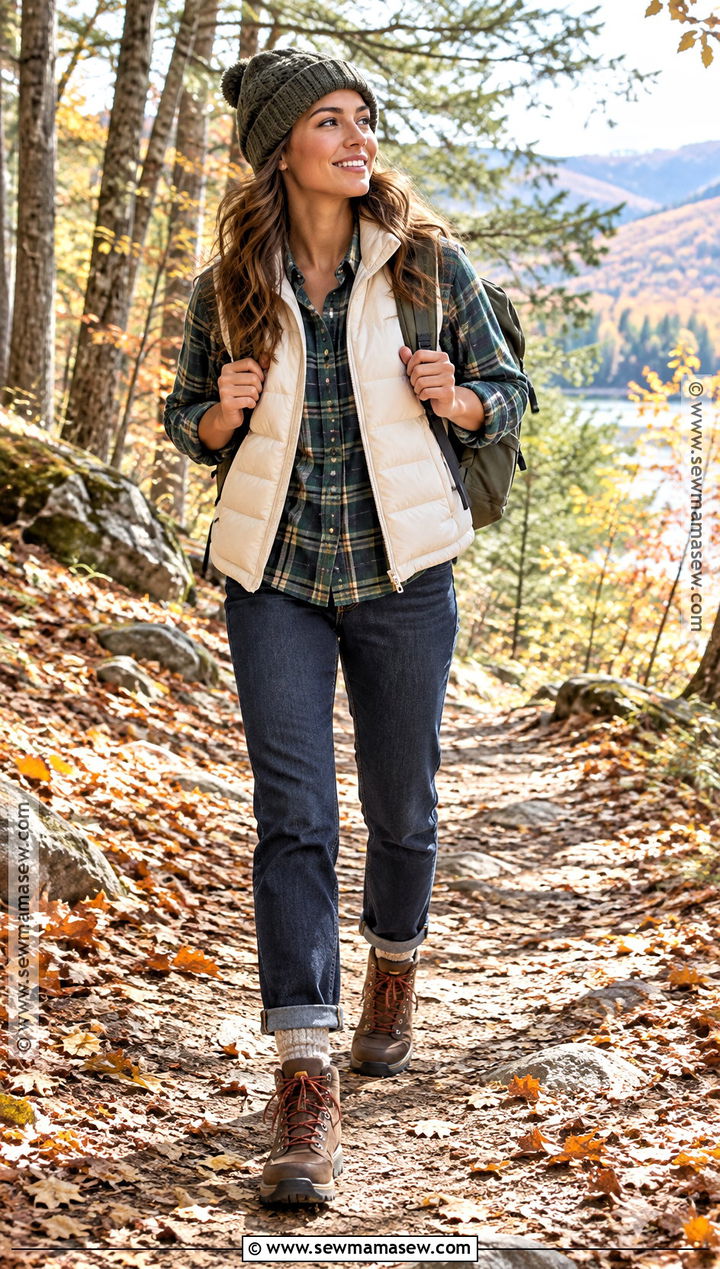 Fall Puffer Vest With Flannel Shirt - 20 Fall Attire Ideas for Women