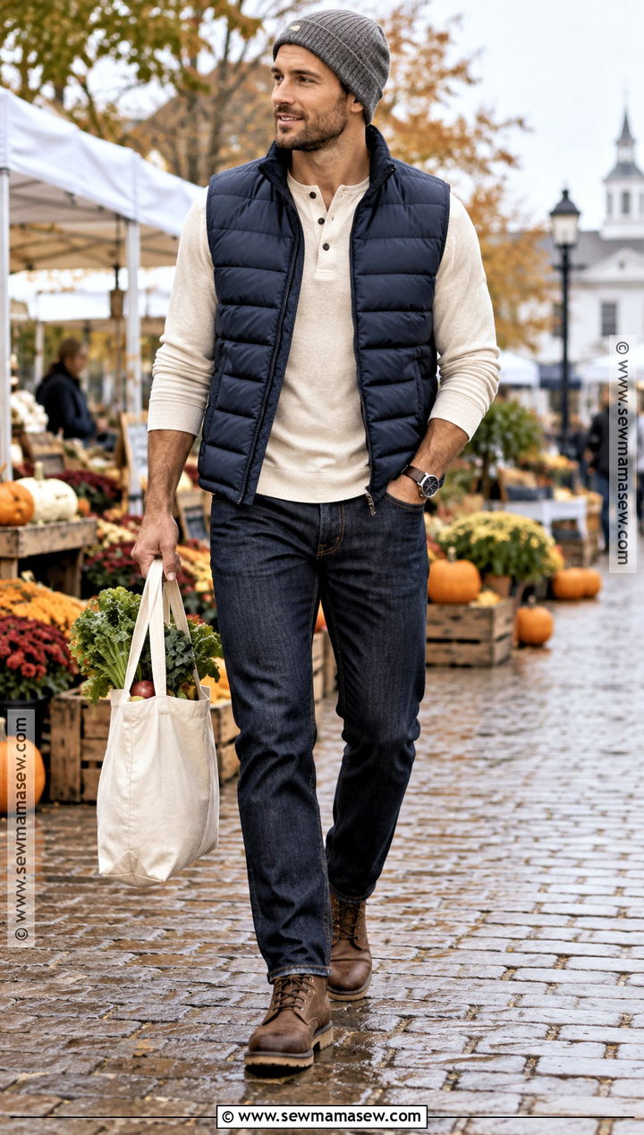 Fall Puffer Vest With Henley And Jeans - 20 fall mens outfits casual