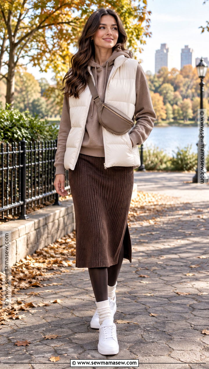Fall Puffer Vest With Hoodie And Midi Skirt - 25 fall looks for women outfit ideas