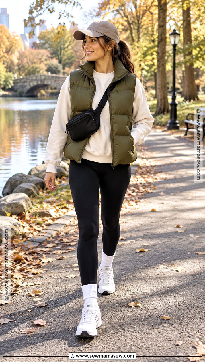 Fall Puffer Vest With Sweatshirt And Leggings - 30 cute fall outfits