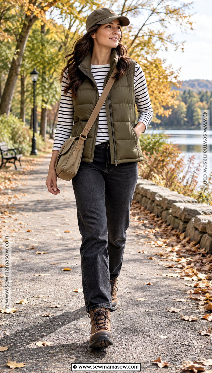 Fall Puffer Vest and Long Sleeve Tee Outfit - 20 Fall Staple Wardrobe Ideas