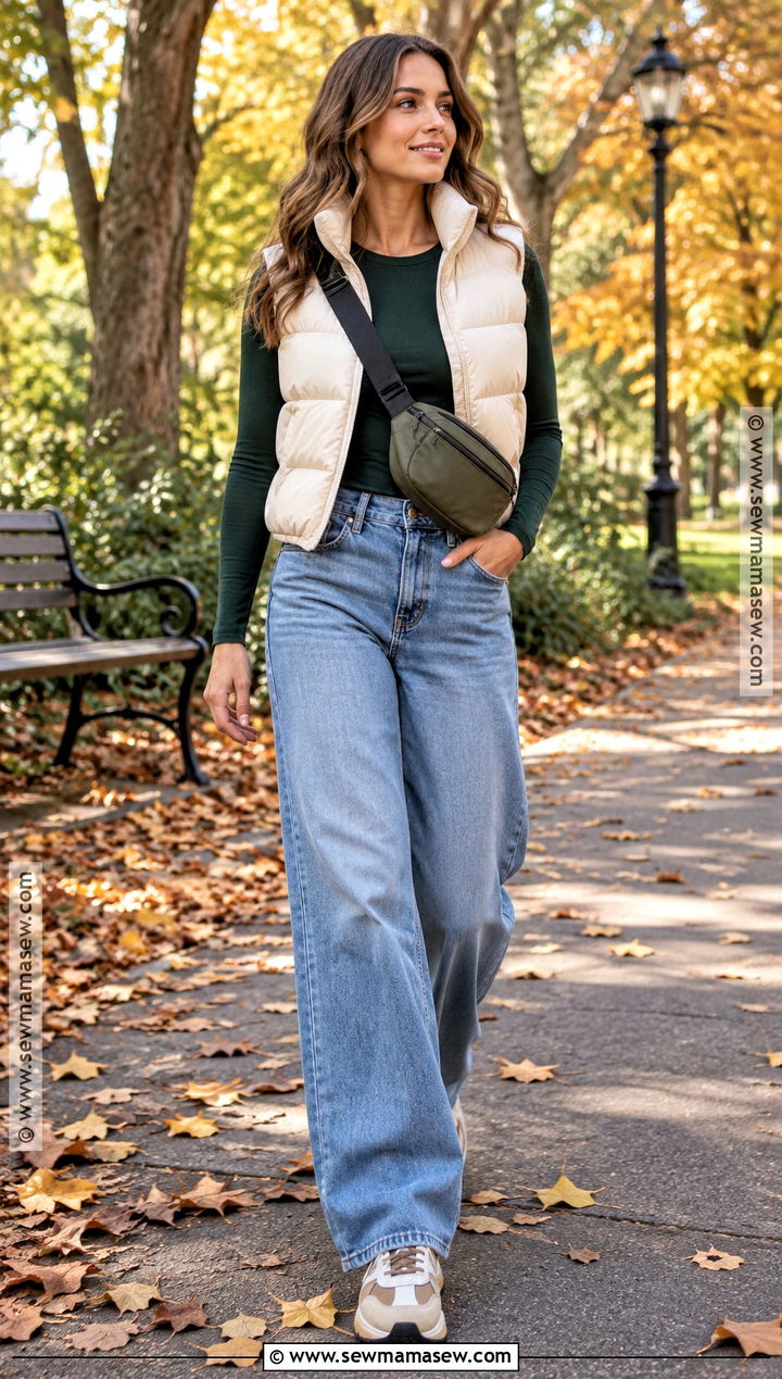 Fall Puffer Vest and Wide Leg Jeans Outfit - 30 fall outfit ideas