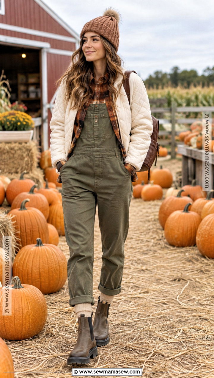 Fall Pumpkin Patch Outfit With Overalls and Flannel - 20 fall outdoorsy outfits