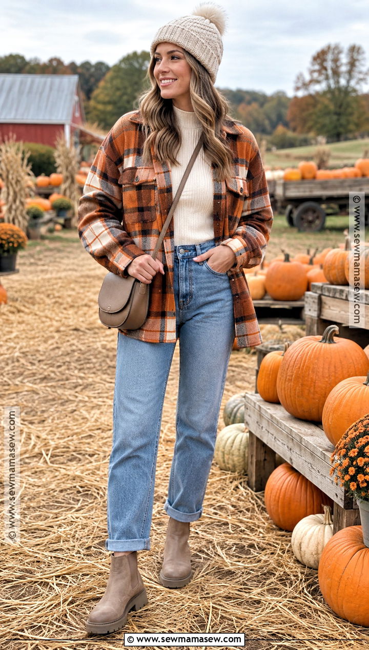 Fall Pumpkin Patch Outfit With Shacket and Denim - 15 outdoor outfits for women fall