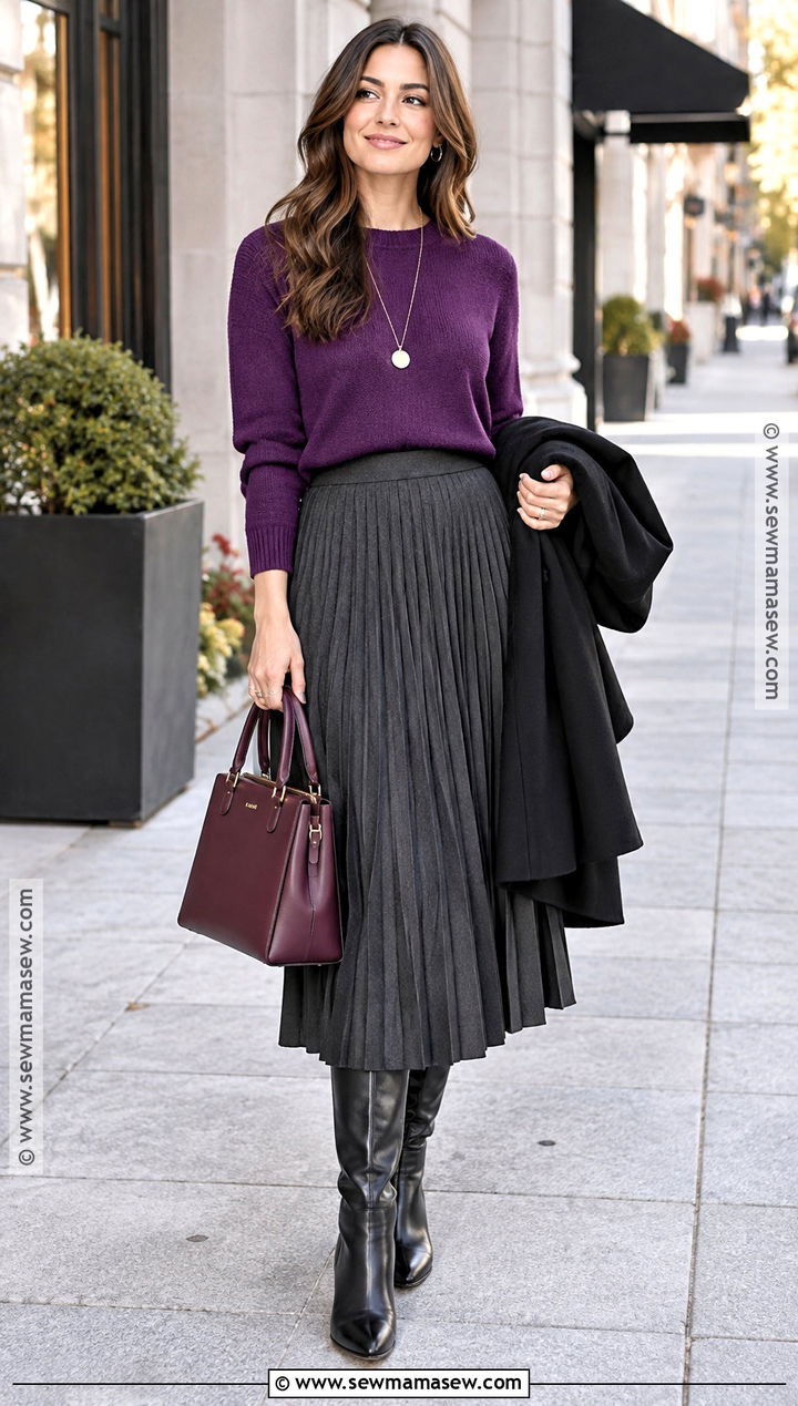 Fall Purple Sweater And Pleated Midi Skirt - 15 Fall Outfits High Fashion