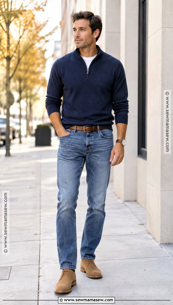 Fall Quarter Zip Sweater With Jeans - 20 fall mens outfits casual
