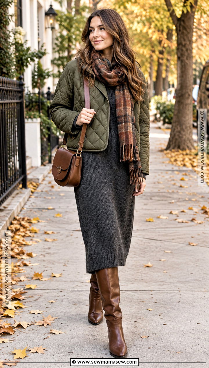 Fall Quilted Jacket And Knit Dress Outfit - 25 fall looks for women
