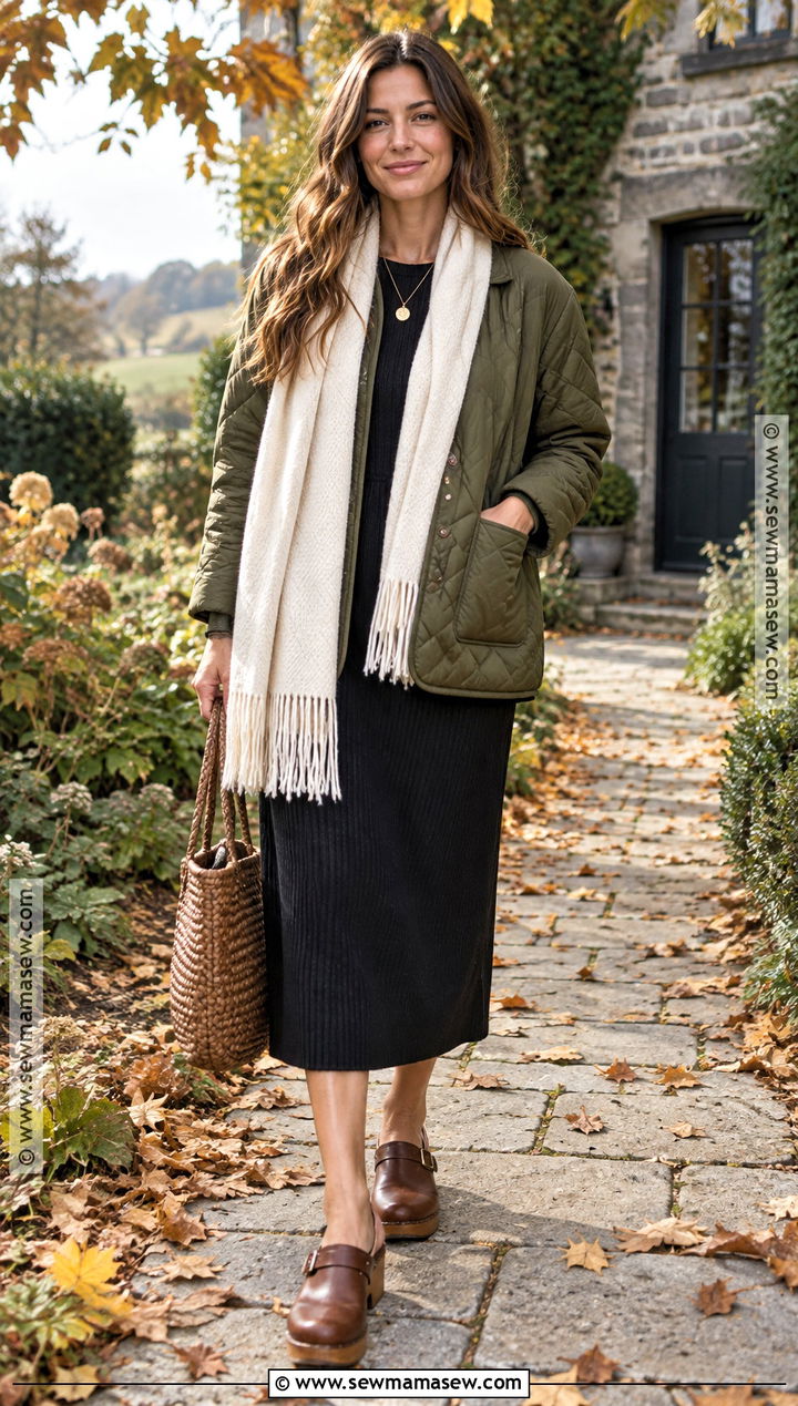 Fall Quilted Jacket Outfit With Midi Dress - 20 fall aesthetic fashion ideas