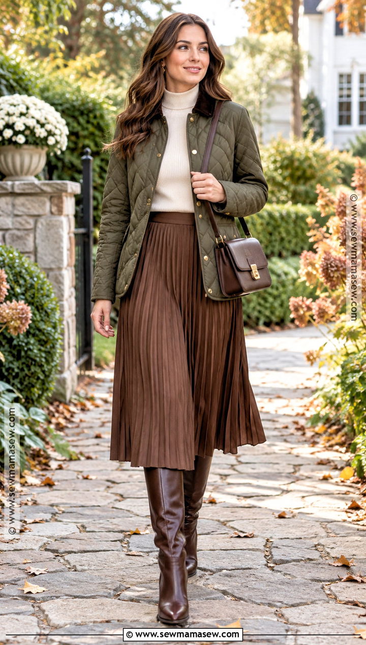 Fall Quilted Jacket Outfit With Sweater And Midi Skirt - 25 Fall Layering Ideas