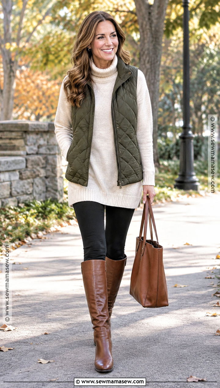 Fall Quilted Vest And Leggings Outfit - 15 Fall Clothing Ideas For Women Over 40