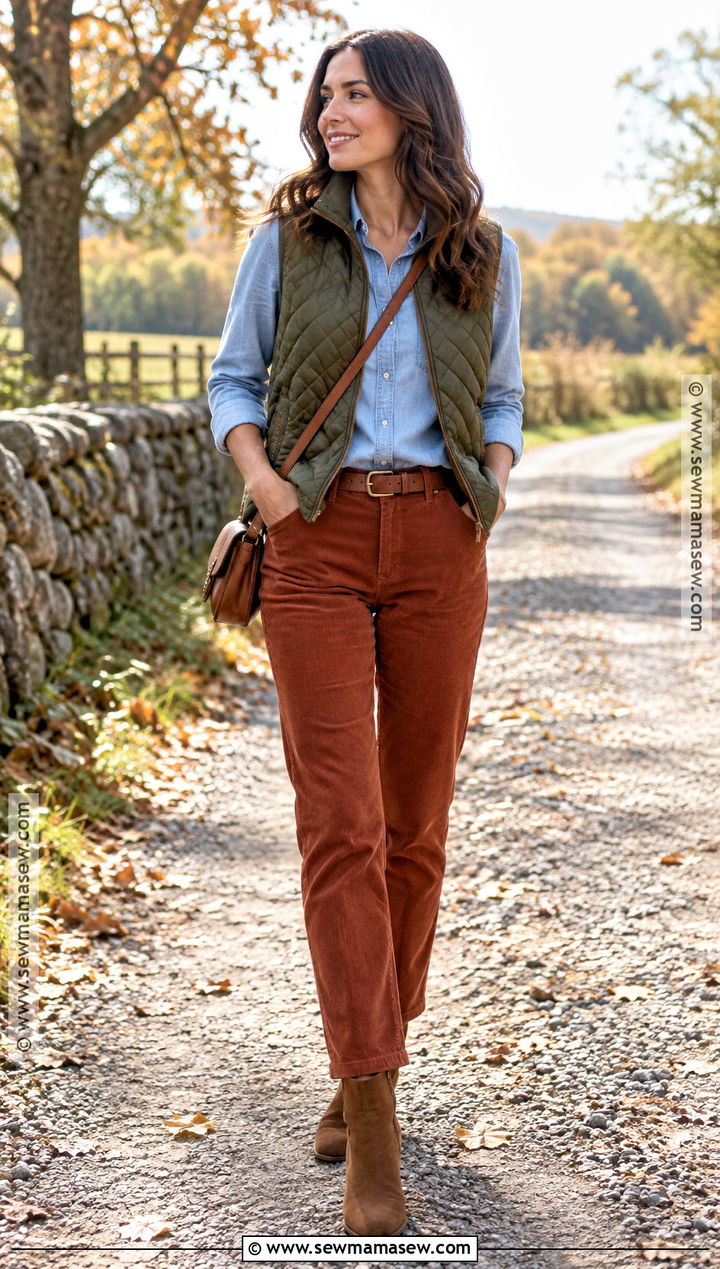 Fall Quilted Vest Outfit With Corduroy Pants - 15 layering for fall weather ideas
