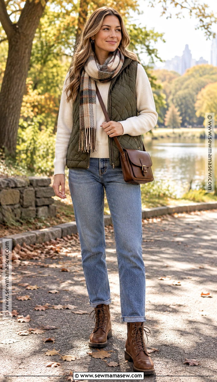 Fall Quilted Vest With Sweatshirt And Jeans - 25 fall looks for women outfit ideas