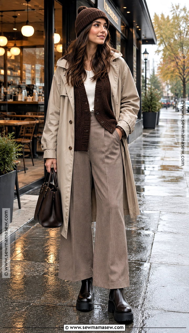 Fall Rain Cardigan And Wide Leg Pants Outfit - 20 Fall Rain Outfit Ideas