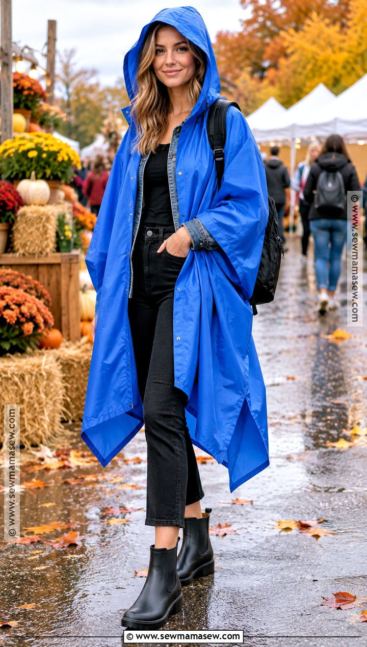 Fall Rain Denim Jacket And Poncho Outfit - 20 Fall Rain Outfit Ideas