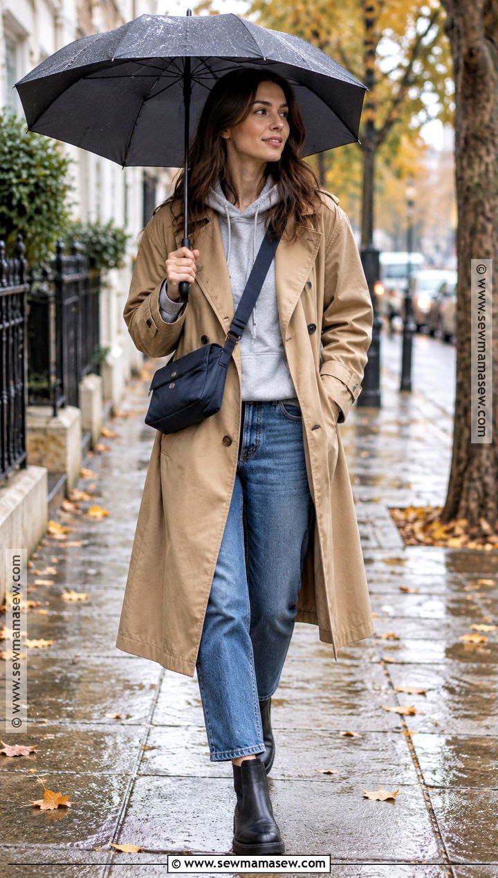 Fall Rain Hoodie And Trench Coat Outfit - 20 Fall Rain Outfit Ideas