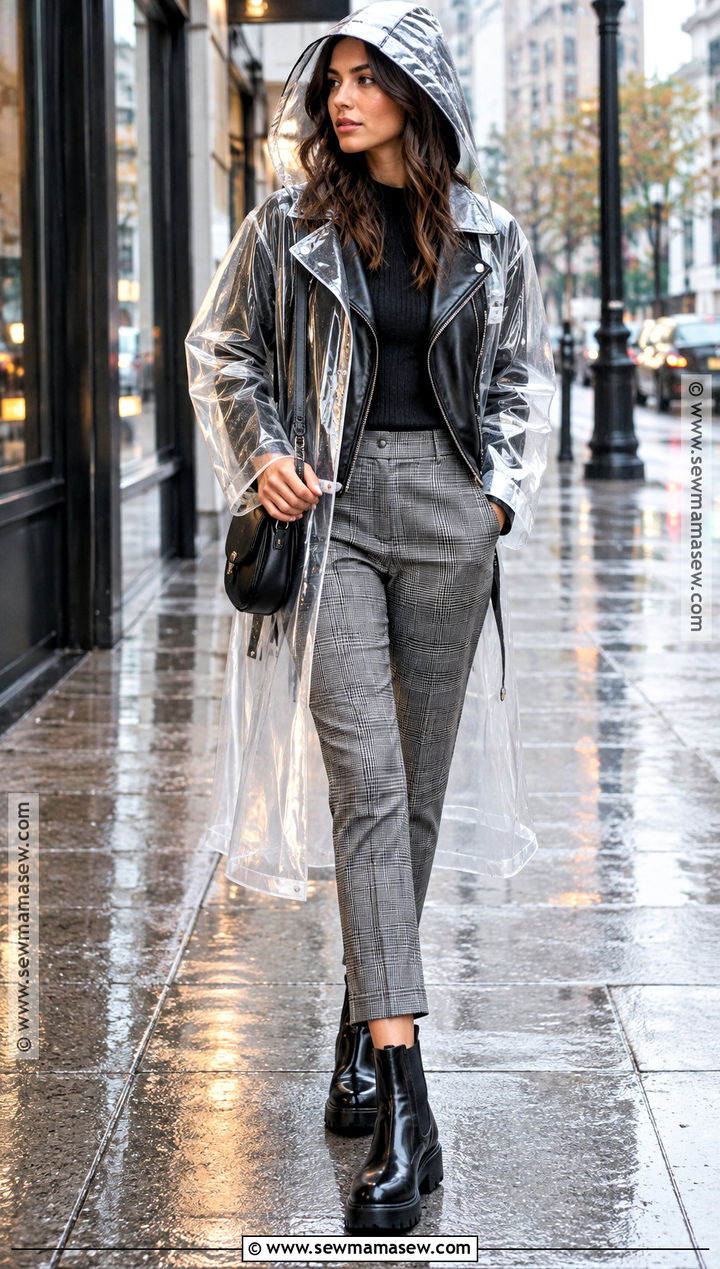 Fall Rain Leather Jacket And Plaid Pants Outfit - 20 Fall Rain Outfit Ideas