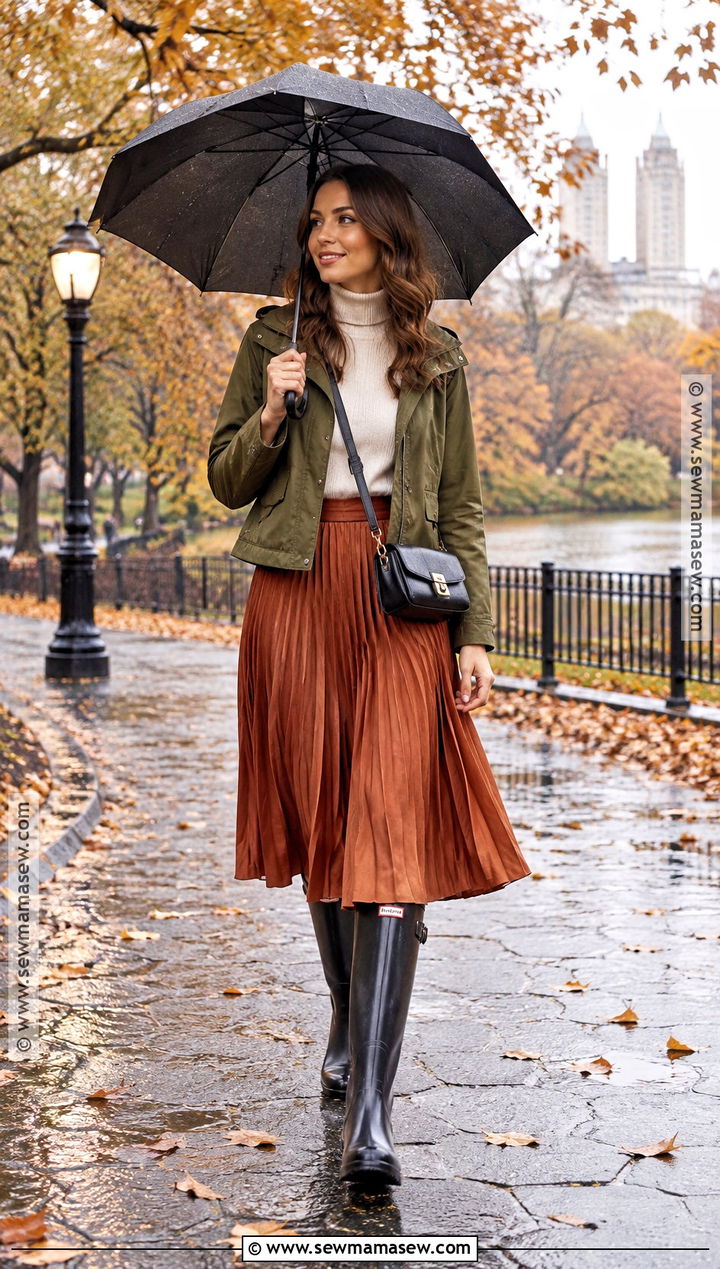Fall Rain Midi Skirt And Rain Boots Outfit - 20 Fall Rain Outfit Ideas