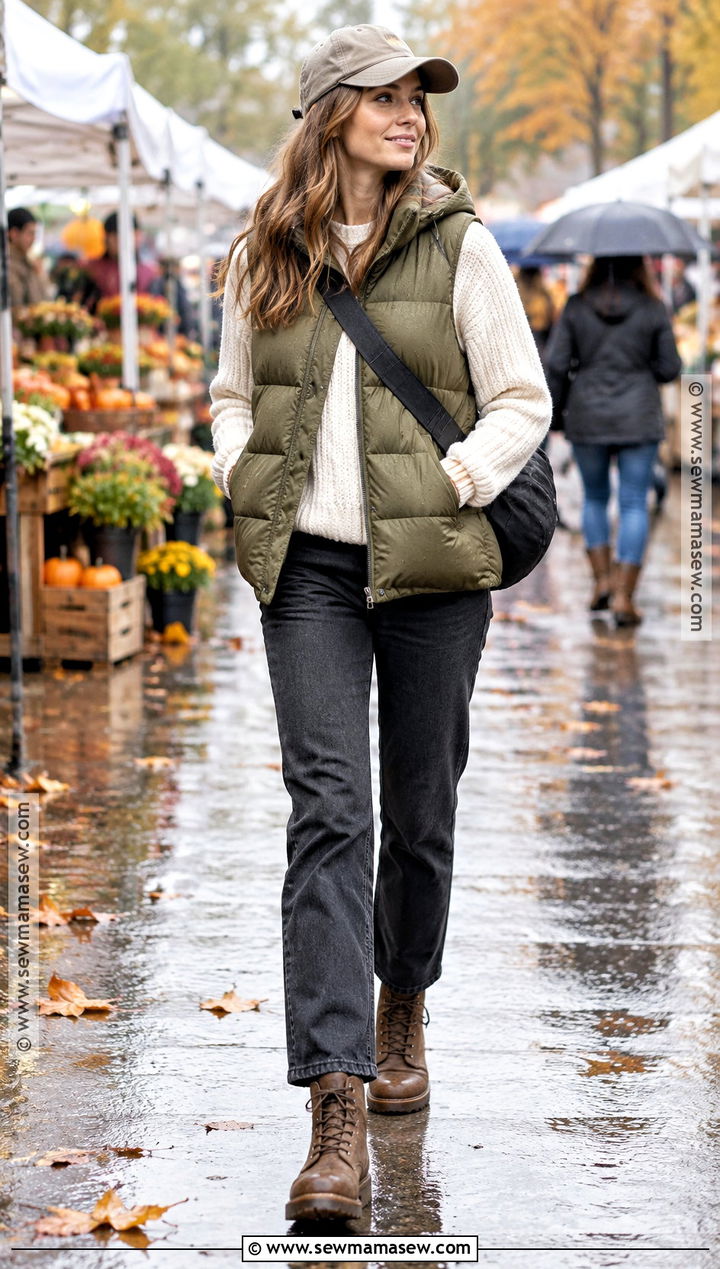 Fall Rain Puffer Vest And Waterproof Boots Outfit - 20 Fall Rain Outfit Ideas