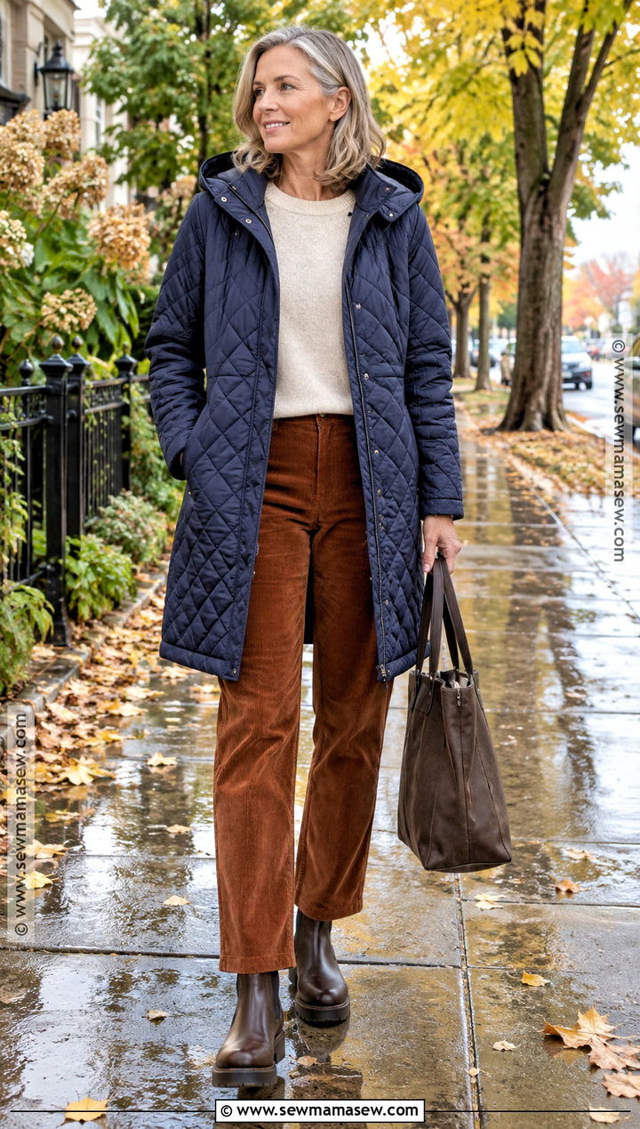 Fall Rain Quilted Jacket And Corduroy Pants Outfit - 20 Fall Rain Outfit Ideas