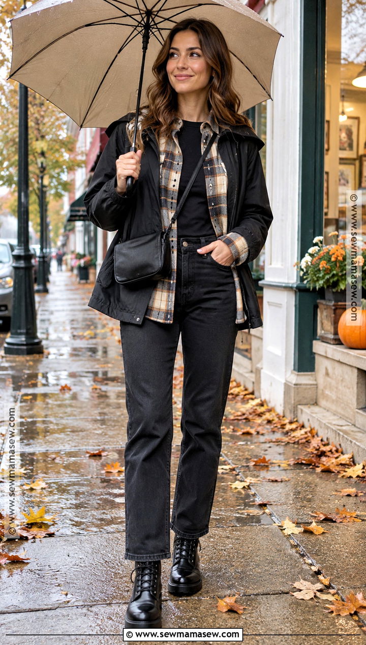 Fall Rain Shacket And Black Jeans Outfit - 20 Fall Rain Outfit Ideas