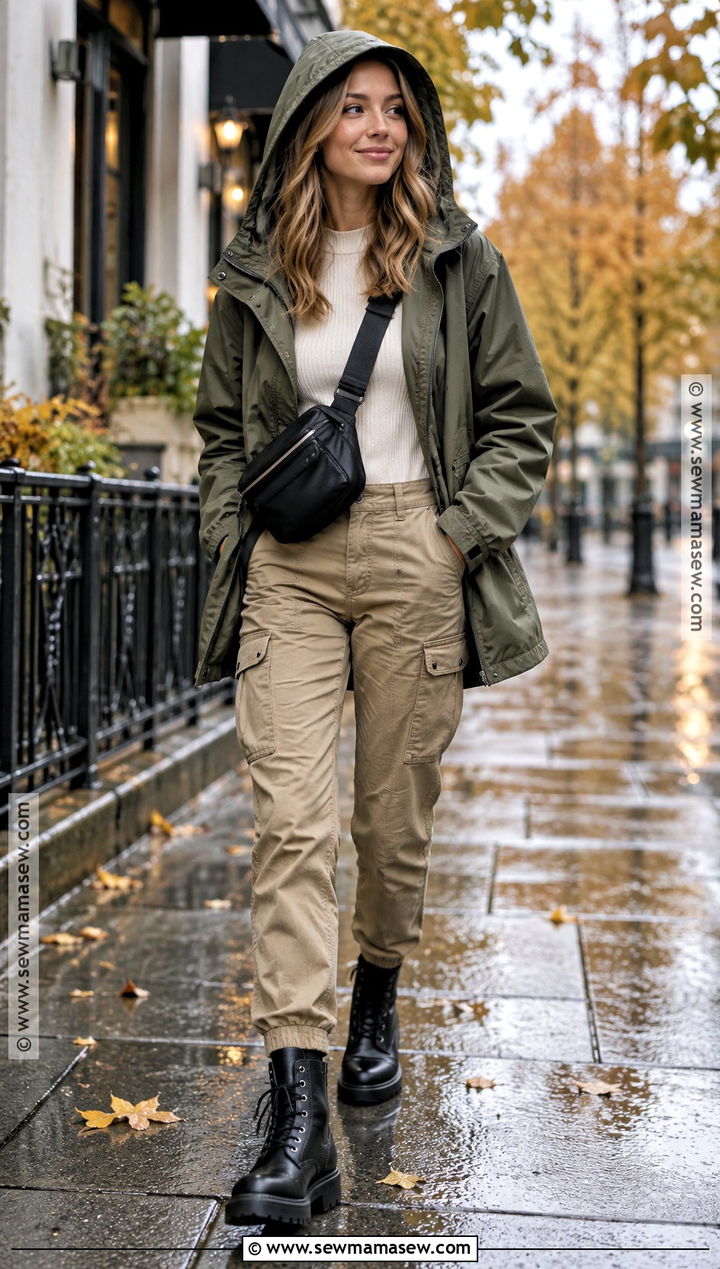 Fall Rain Utility Jacket And Cargo Pants Outfit - 20 Fall Rain Outfit Ideas